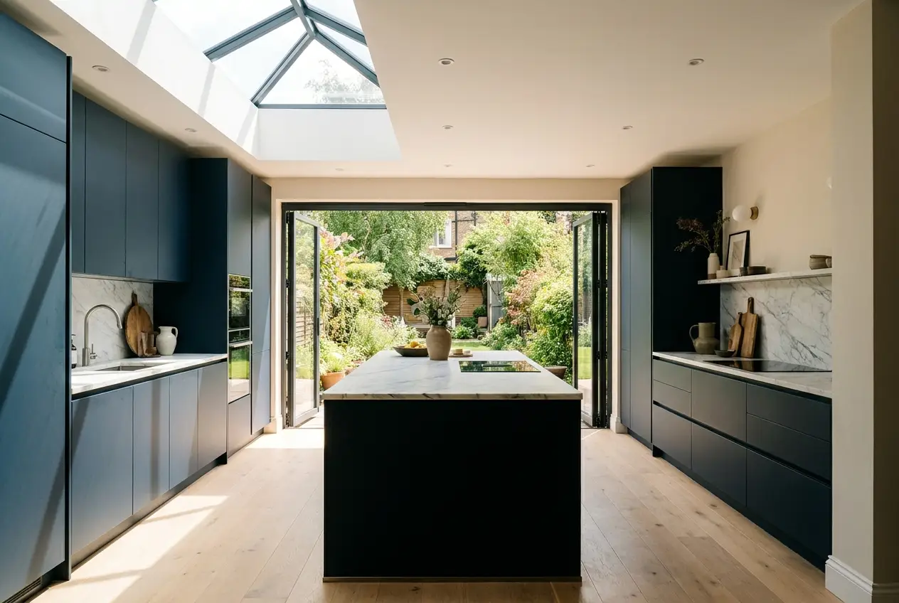 Open-plan kitchen inside a rear house extension with roof lantern and bi-fold doors — MyHome1st