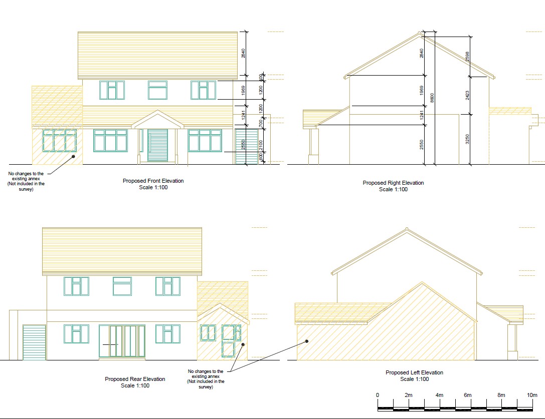 Proposed elevations of the two-storey home — front, rear, left and right, scale 1:100